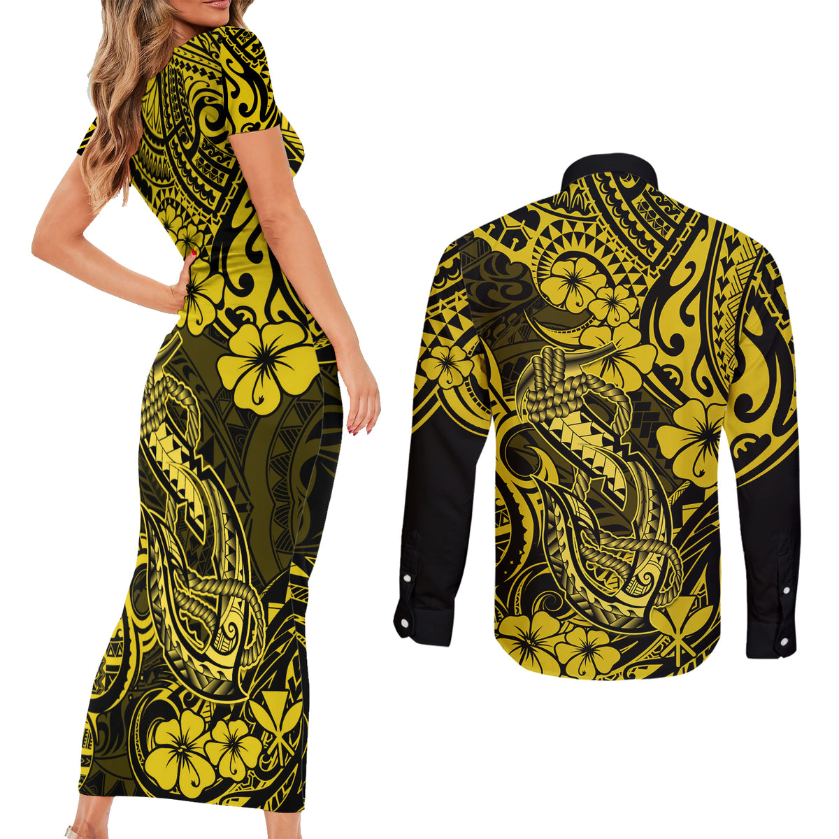 Hawaii Fish Hook Couples Matching Short Sleeve Bodycon Dress and Long Sleeve Button Shirts Hibiscus Hawaii Tribal Tattoo Yellow Version LT01 - Polynesian Pride