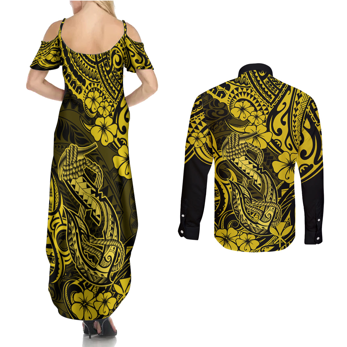 Hawaii Fish Hook Couples Matching Summer Maxi Dress and Long Sleeve Button Shirts Hibiscus Hawaii Tribal Tattoo Yellow Version LT01 - Polynesian Pride