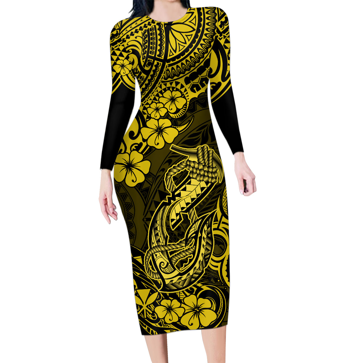 Hawaii Fish Hook Family Matching Long Sleeve Bodycon Dress and Hawaiian Shirt Hibiscus Hawaii Tribal Tattoo Yellow Version LT01 Mom's Dress Yellow - Polynesian Pride