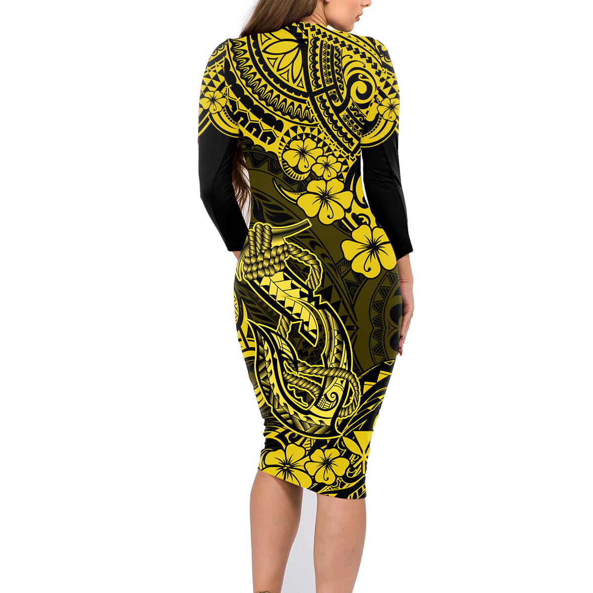 Hawaii Fish Hook Family Matching Long Sleeve Bodycon Dress and Hawaiian Shirt Hibiscus Hawaii Tribal Tattoo Yellow Version LT01 - Polynesian Pride