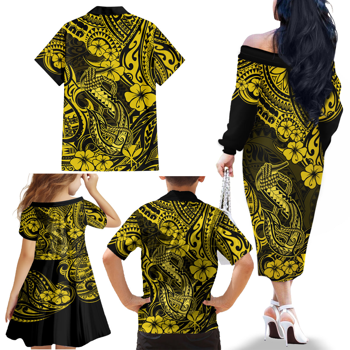 Hawaii Fish Hook Family Matching Off Shoulder Long Sleeve Dress and Hawaiian Shirt Hibiscus Hawaii Tribal Tattoo Yellow Version LT01 - Polynesian Pride