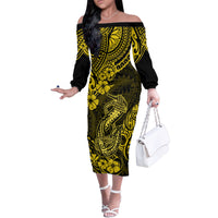 Hawaii Fish Hook Family Matching Off Shoulder Long Sleeve Dress and Hawaiian Shirt Hibiscus Hawaii Tribal Tattoo Yellow Version LT01 Mom's Dress Yellow - Polynesian Pride