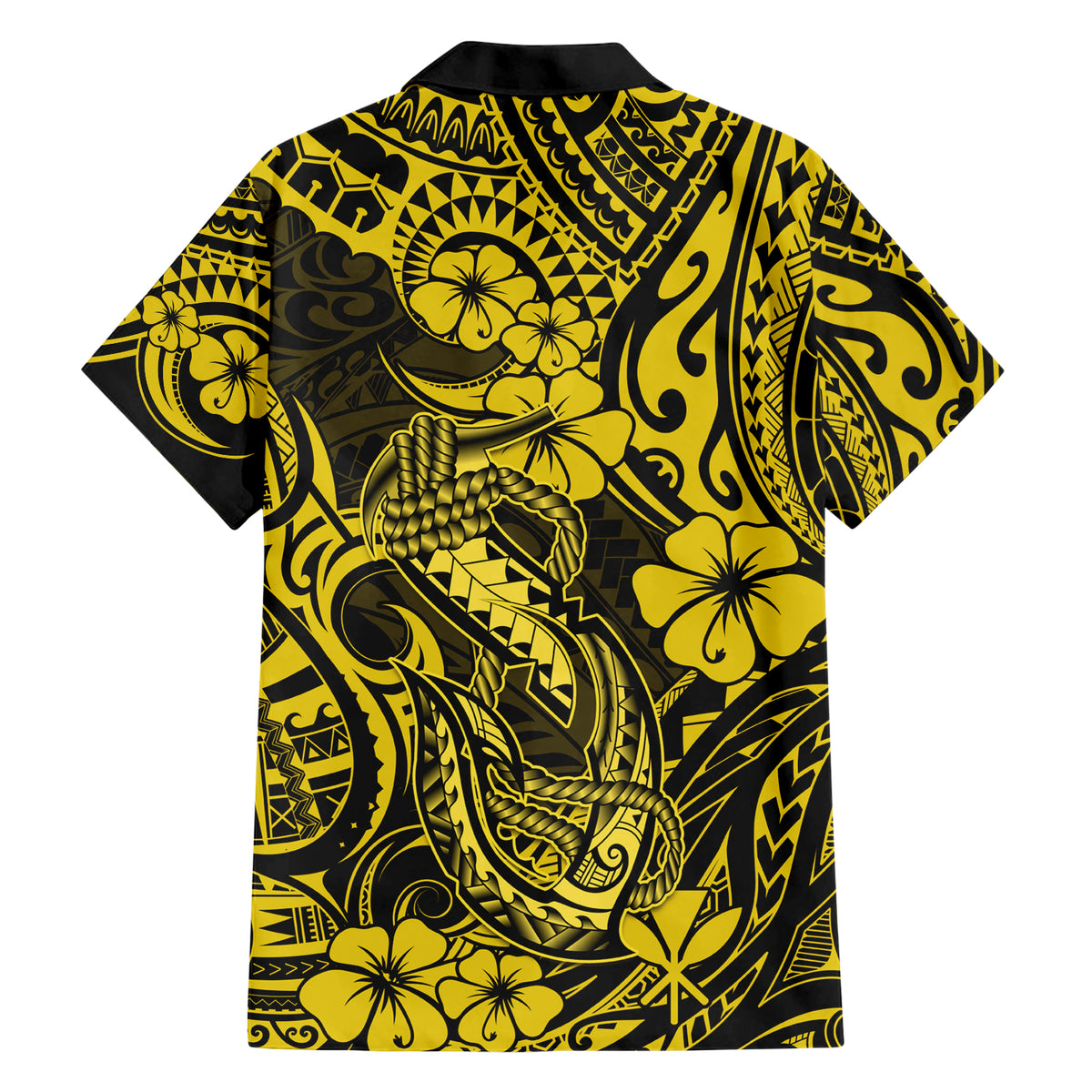 Hawaii Fish Hook Family Matching Short Sleeve Bodycon Dress and Hawaiian Shirt Hibiscus Hawaii Tribal Tattoo Yellow Version LT01 - Polynesian Pride