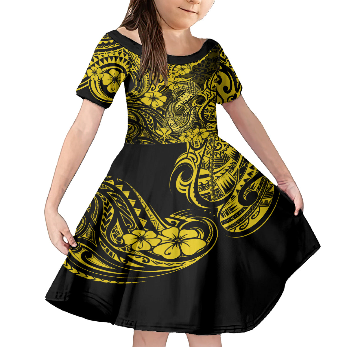 Hawaii Fish Hook Kid Short Sleeve Dress Hibiscus Hawaii Tribal Tattoo Yellow Version LT01 KID Yellow - Polynesian Pride