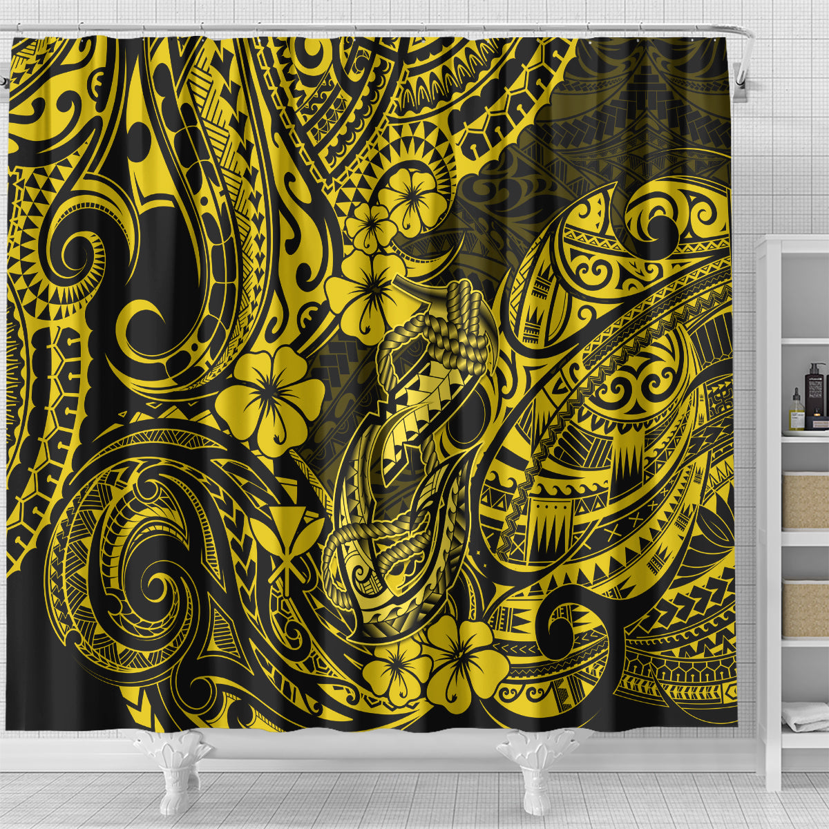 Hawaii Fish Hook Shower Curtain Hibiscus Hawaii Tribal Tattoo Yellow Version LT01 - Polynesian Pride