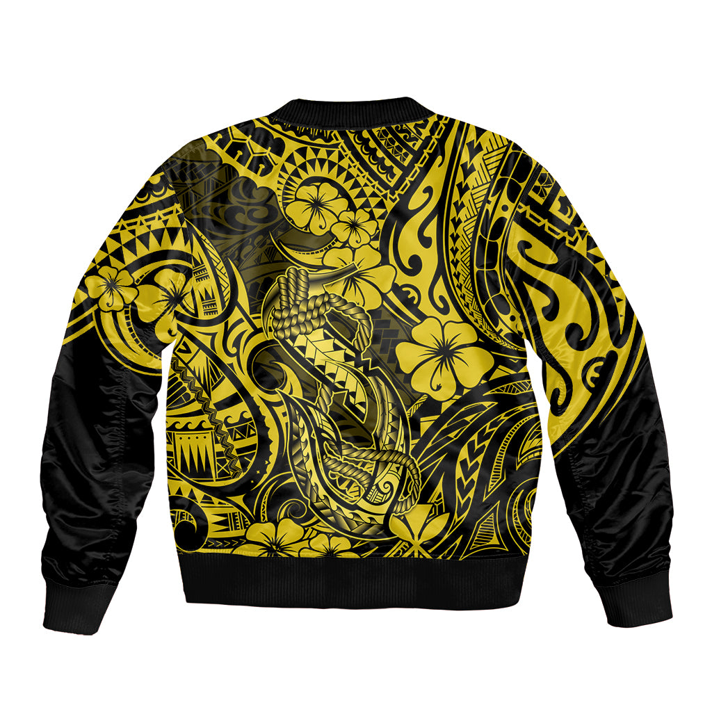 Hawaii Fish Hook Sleeve Zip Bomber Jacket Hibiscus Hawaii Tribal Tattoo Yellow Version LT01 - Polynesian Pride