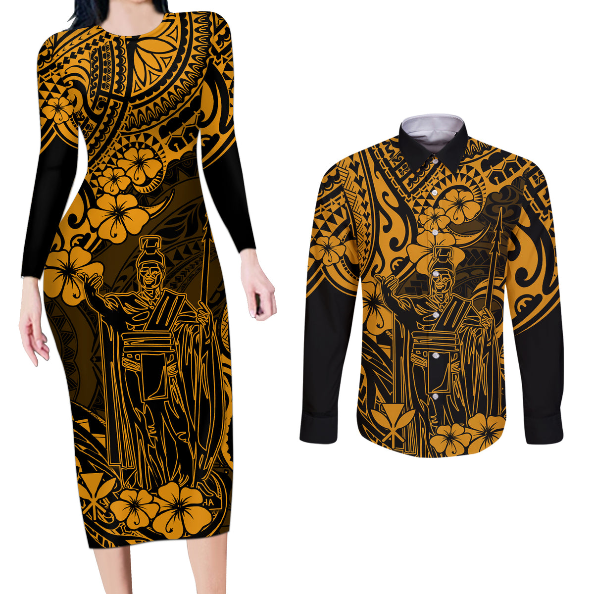 Hawaii King Kamehameha Couples Matching Long Sleeve Bodycon Dress and Long Sleeve Button Shirts Polynesian Pattern Gold Version LT01 Gold - Polynesian Pride