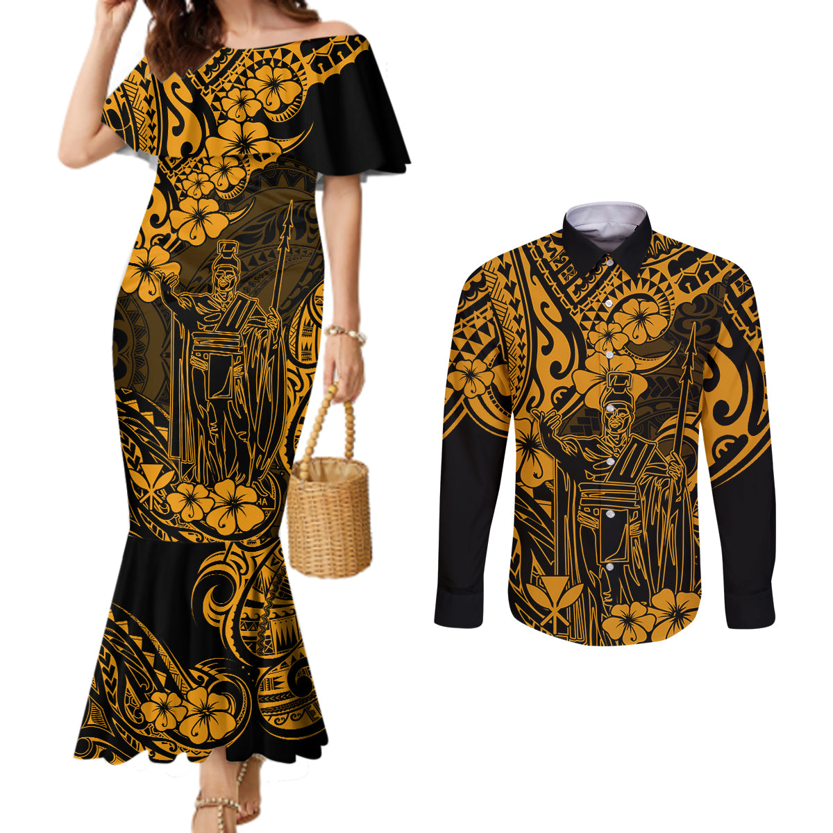 Hawaii King Kamehameha Couples Matching Mermaid Dress and Long Sleeve Button Shirts Polynesian Pattern Gold Version LT01 Gold - Polynesian Pride