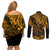 Hawaii King Kamehameha Couples Matching Off Shoulder Short Dress and Long Sleeve Button Shirts Polynesian Pattern Gold Version LT01 - Polynesian Pride