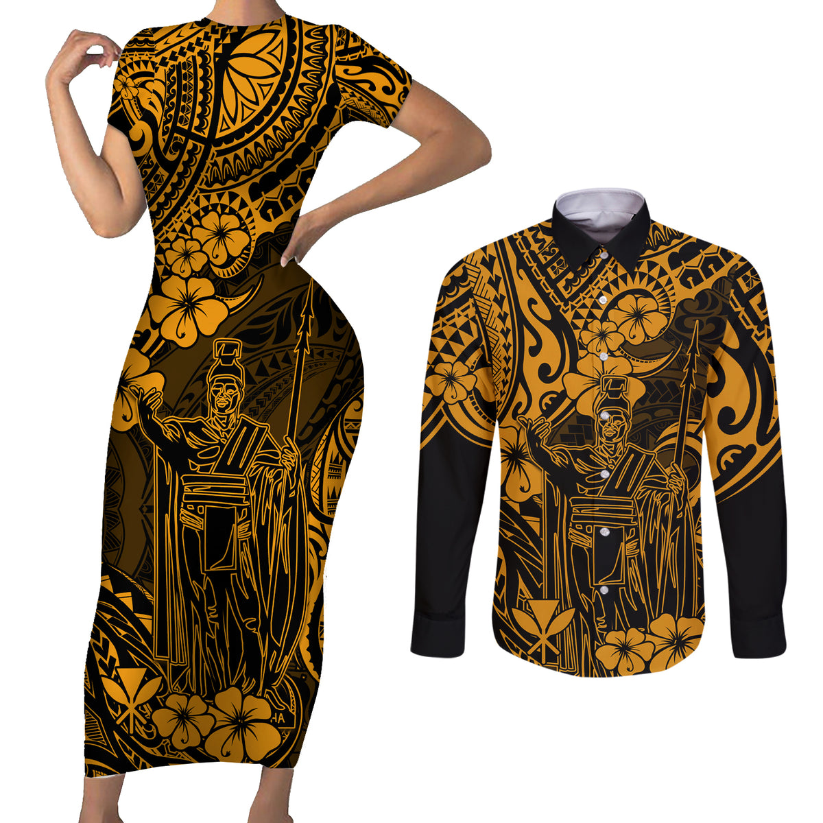 Hawaii King Kamehameha Couples Matching Short Sleeve Bodycon Dress and Long Sleeve Button Shirts Polynesian Pattern Gold Version LT01 Gold - Polynesian Pride