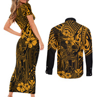 Hawaii King Kamehameha Couples Matching Short Sleeve Bodycon Dress and Long Sleeve Button Shirts Polynesian Pattern Gold Version LT01 - Polynesian Pride