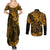Hawaii King Kamehameha Couples Matching Summer Maxi Dress and Long Sleeve Button Shirts Polynesian Pattern Gold Version LT01 - Polynesian Pride