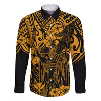 Hawaii King Kamehameha Family Matching Off Shoulder Long Sleeve Dress and Hawaiian Shirt Polynesian Pattern Gold Version LT01 Dad's Shirt - Long Sleeve Gold - Polynesian Pride