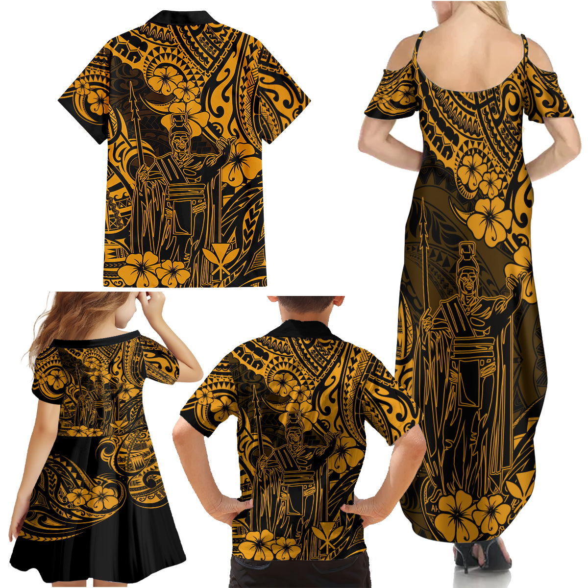 Hawaii King Kamehameha Family Matching Summer Maxi Dress and Hawaiian Shirt Polynesian Pattern Gold Version LT01 - Polynesian Pride