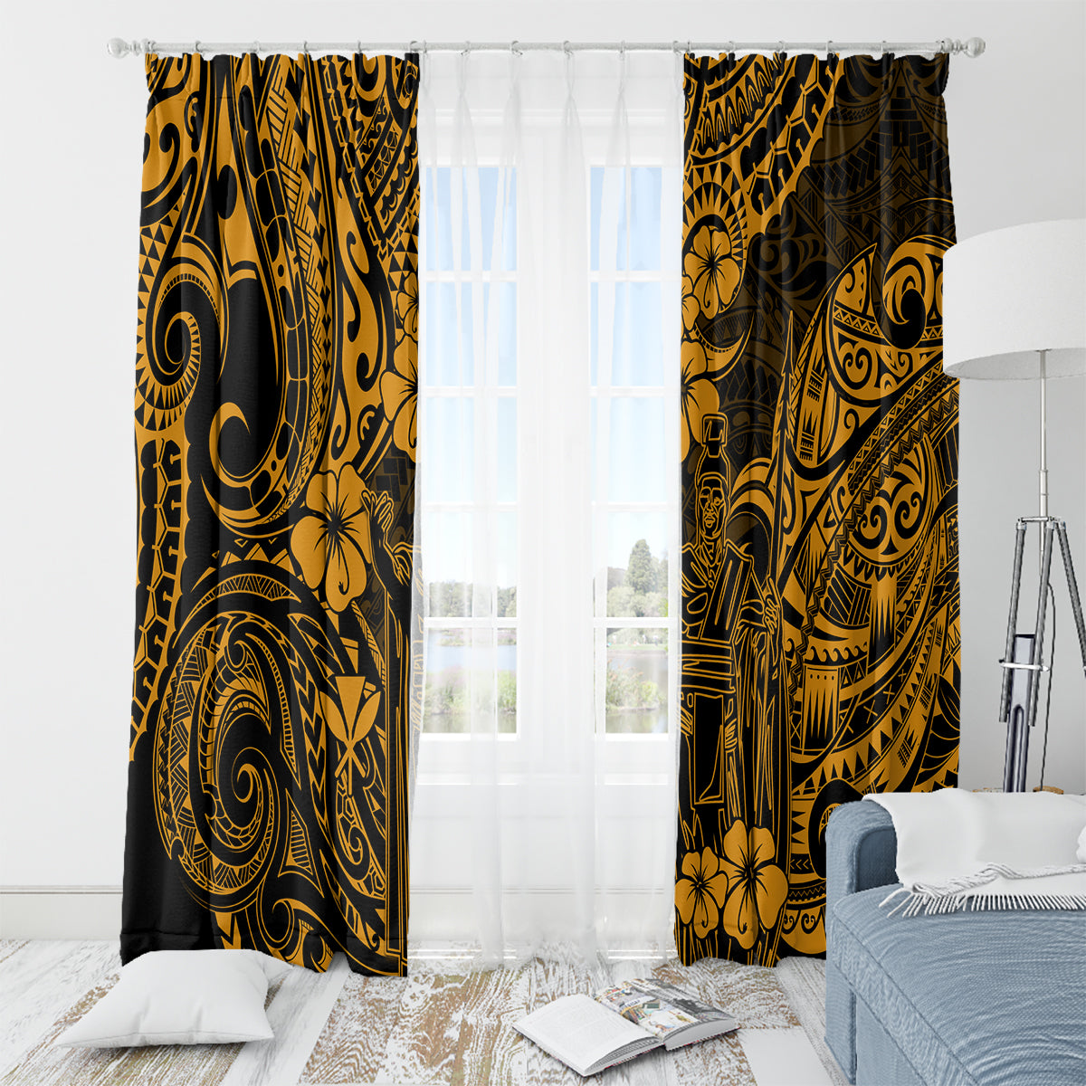 Hawaii King Kamehameha Window Curtain Polynesian Pattern Gold Version LT01 - Polynesian Pride