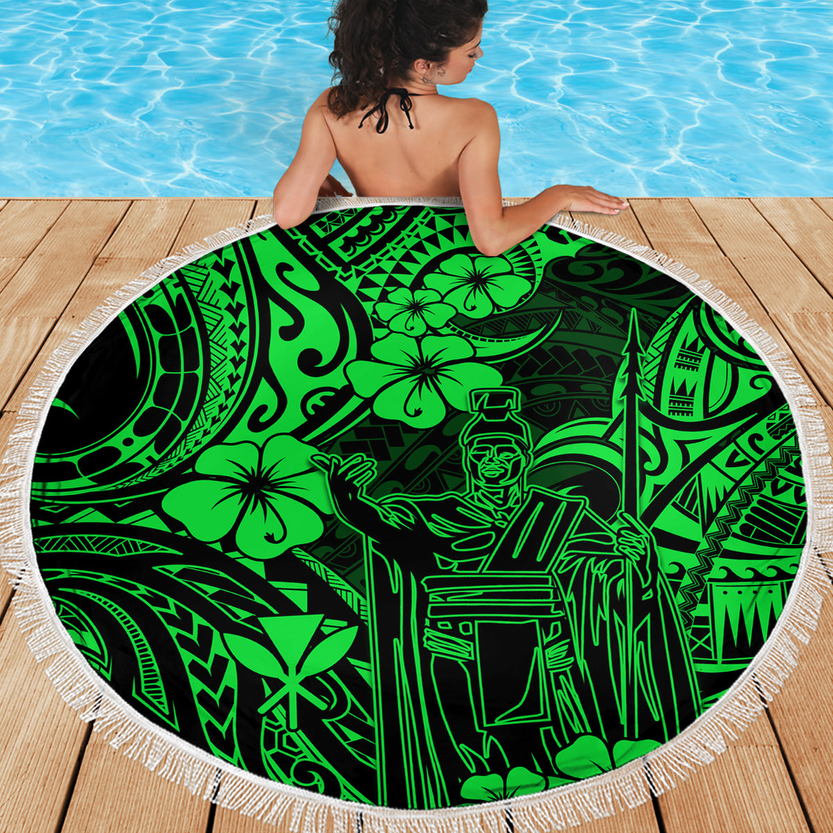 Hawaii King Kamehameha Beach Blanket Polynesian Pattern Green Version LT01 - Wonder Print Shop