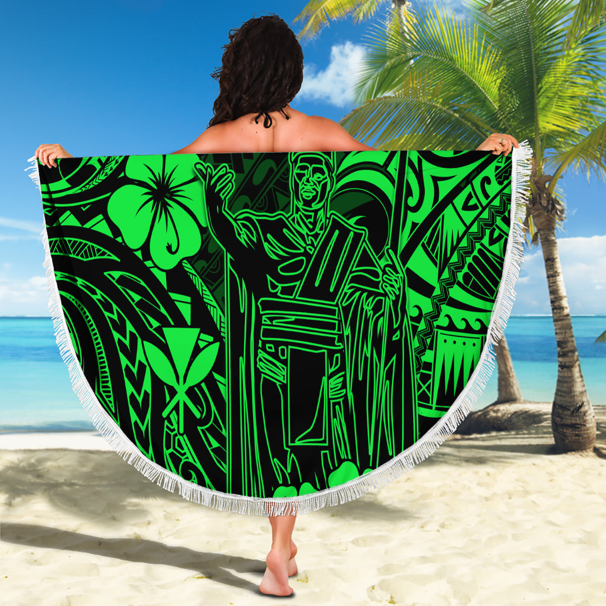 Hawaii King Kamehameha Beach Blanket Polynesian Pattern Green Version LT01 - Wonder Print Shop