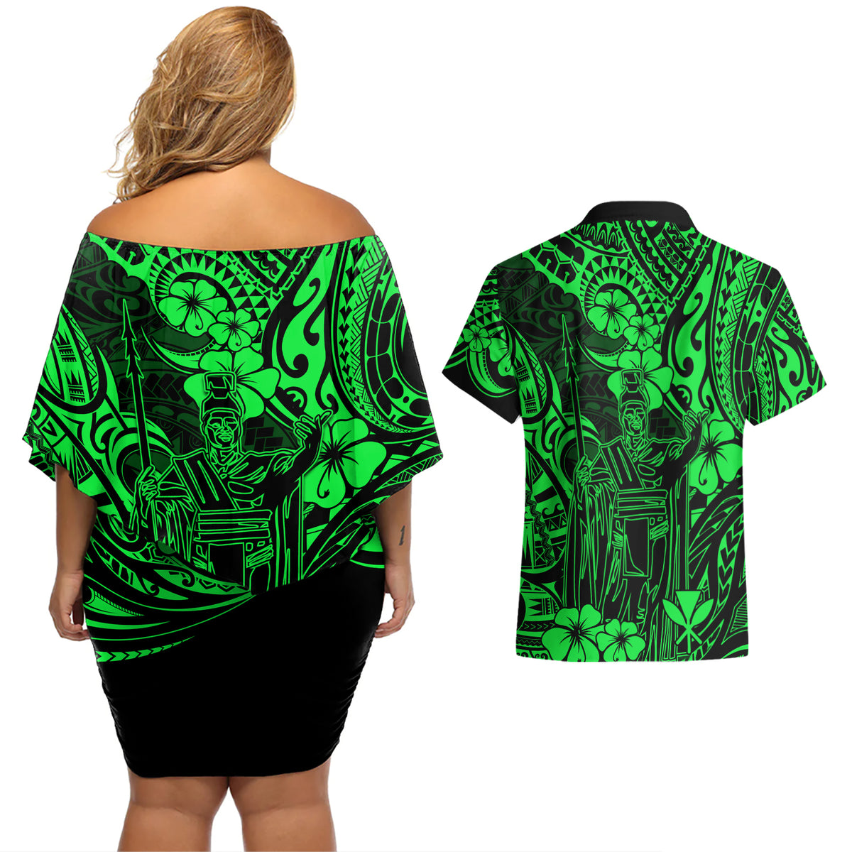 Hawaii King Kamehameha Couples Matching Off Shoulder Short Dress and Hawaiian Shirt Polynesian Pattern Green Version LT01 - Polynesian Pride