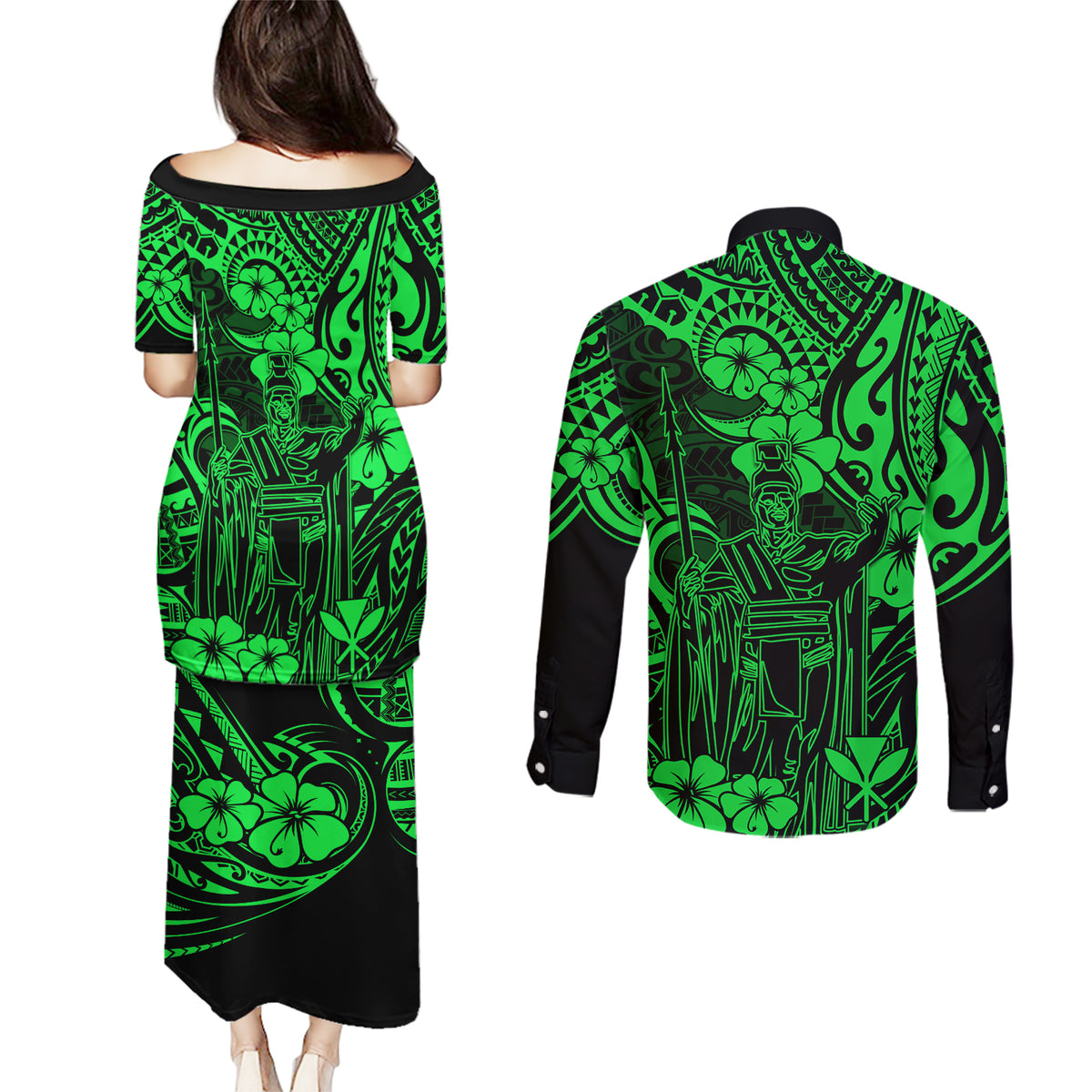 Hawaii King Kamehameha Couples Matching Puletasi Dress and Long Sleeve Button Shirts Polynesian Pattern Green Version LT01 - Polynesian Pride