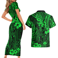 Hawaii King Kamehameha Couples Matching Short Sleeve Bodycon Dress and Hawaiian Shirt Polynesian Pattern Green Version LT01 - Polynesian Pride
