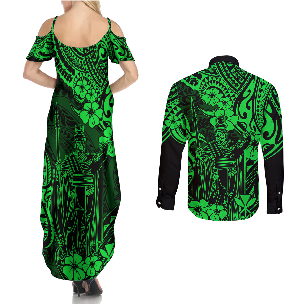 Hawaii King Kamehameha Couples Matching Summer Maxi Dress and Long Sleeve Button Shirts Polynesian Pattern Green Version LT01 - Polynesian Pride