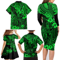 Hawaii King Kamehameha Family Matching Long Sleeve Bodycon Dress and Hawaiian Shirt Polynesian Pattern Green Version LT01 - Polynesian Pride
