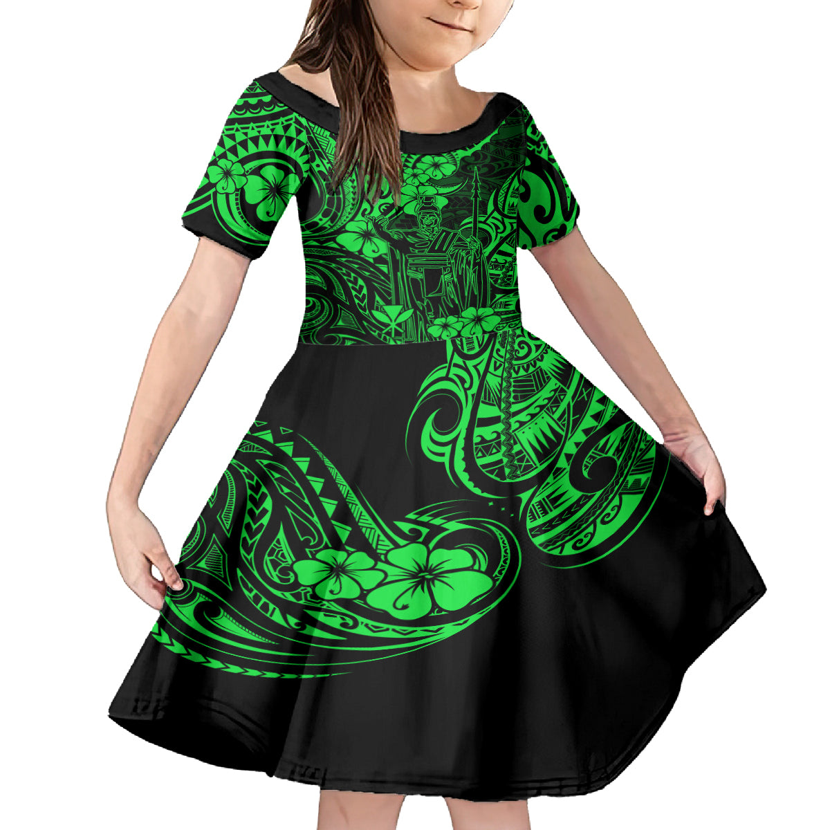 Hawaii King Kamehameha Family Matching Off Shoulder Long Sleeve Dress and Hawaiian Shirt Polynesian Pattern Green Version LT01 Daughter's Dress Green - Polynesian Pride