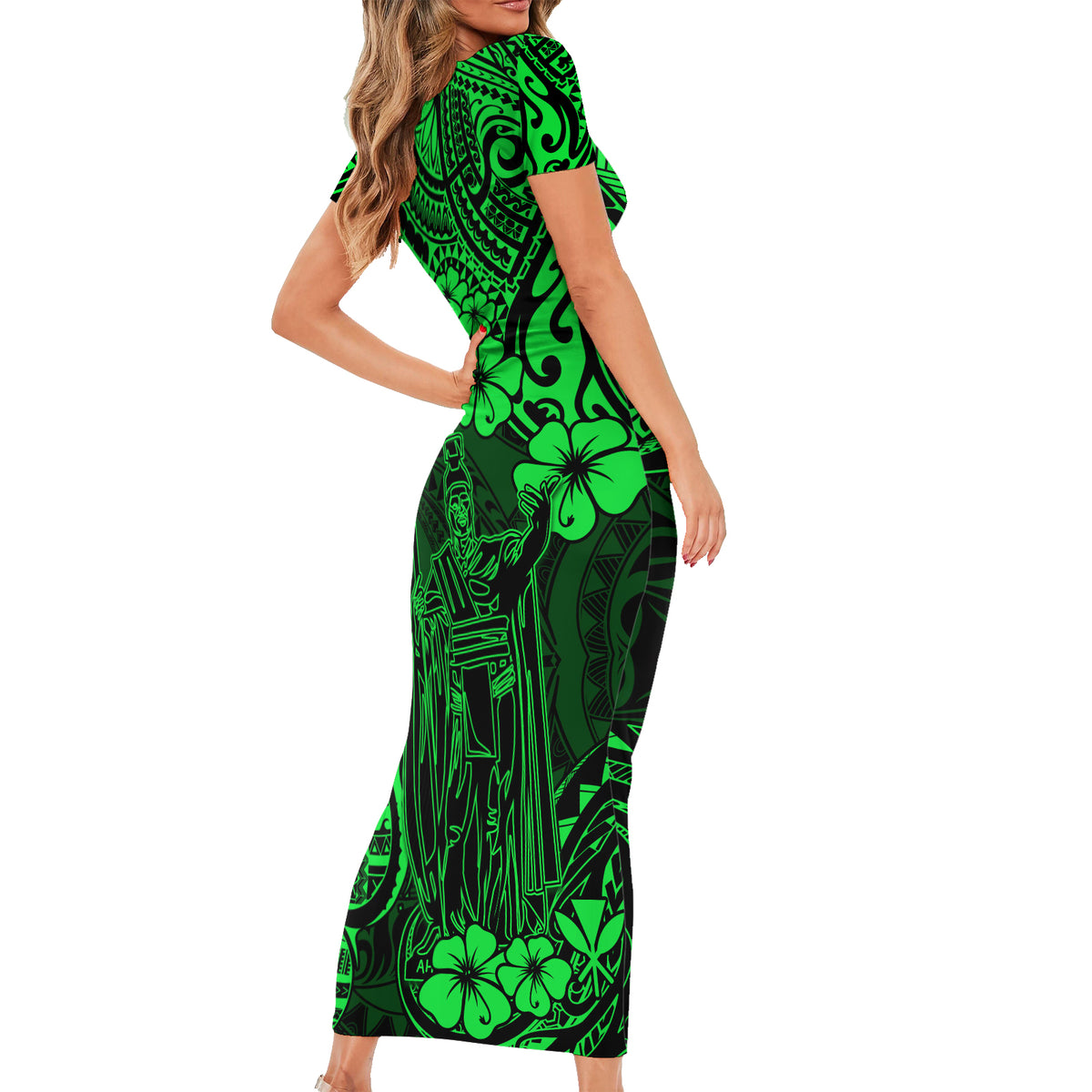 Hawaii King Kamehameha Short Sleeve Bodycon Dress Polynesian Pattern Green Version LT01 - Polynesian Pride