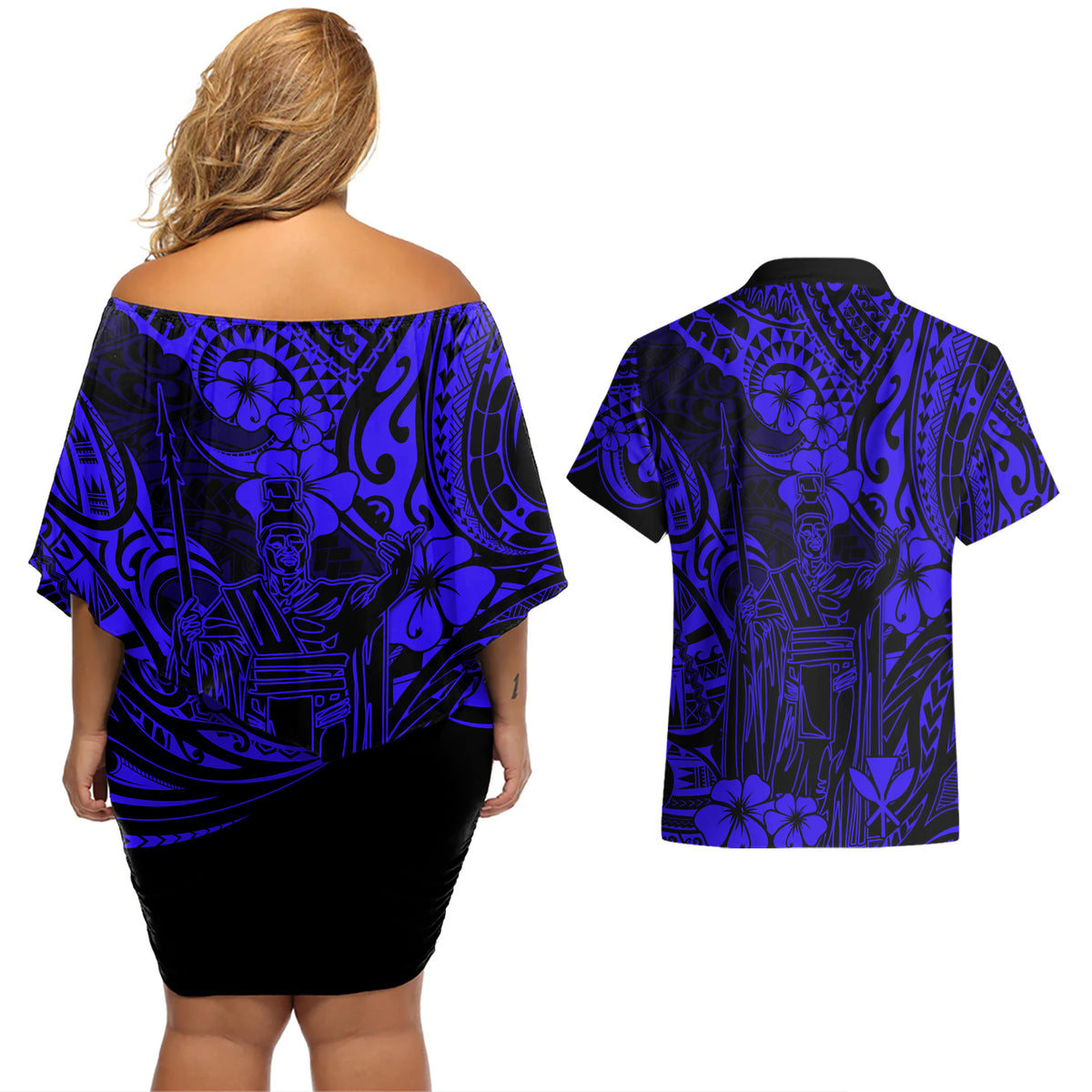 Hawaii King Kamehameha Couples Matching Off Shoulder Short Dress and Hawaiian Shirt Polynesian Pattern Navy Blue Version LT01 - Polynesian Pride