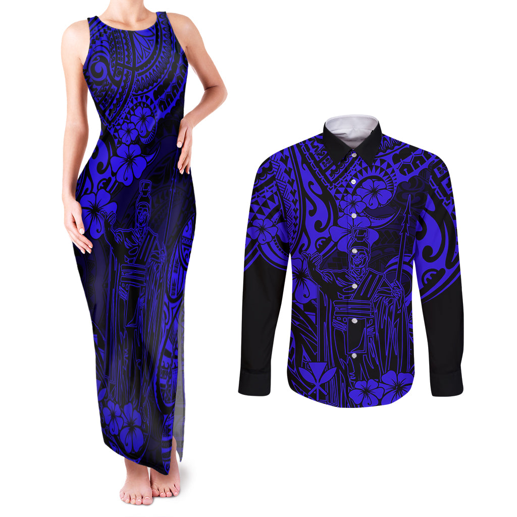 Hawaii King Kamehameha Couples Matching Tank Maxi Dress and Long Sleeve Button Shirts Polynesian Pattern Navy Blue Version LT01 Blue - Polynesian Pride