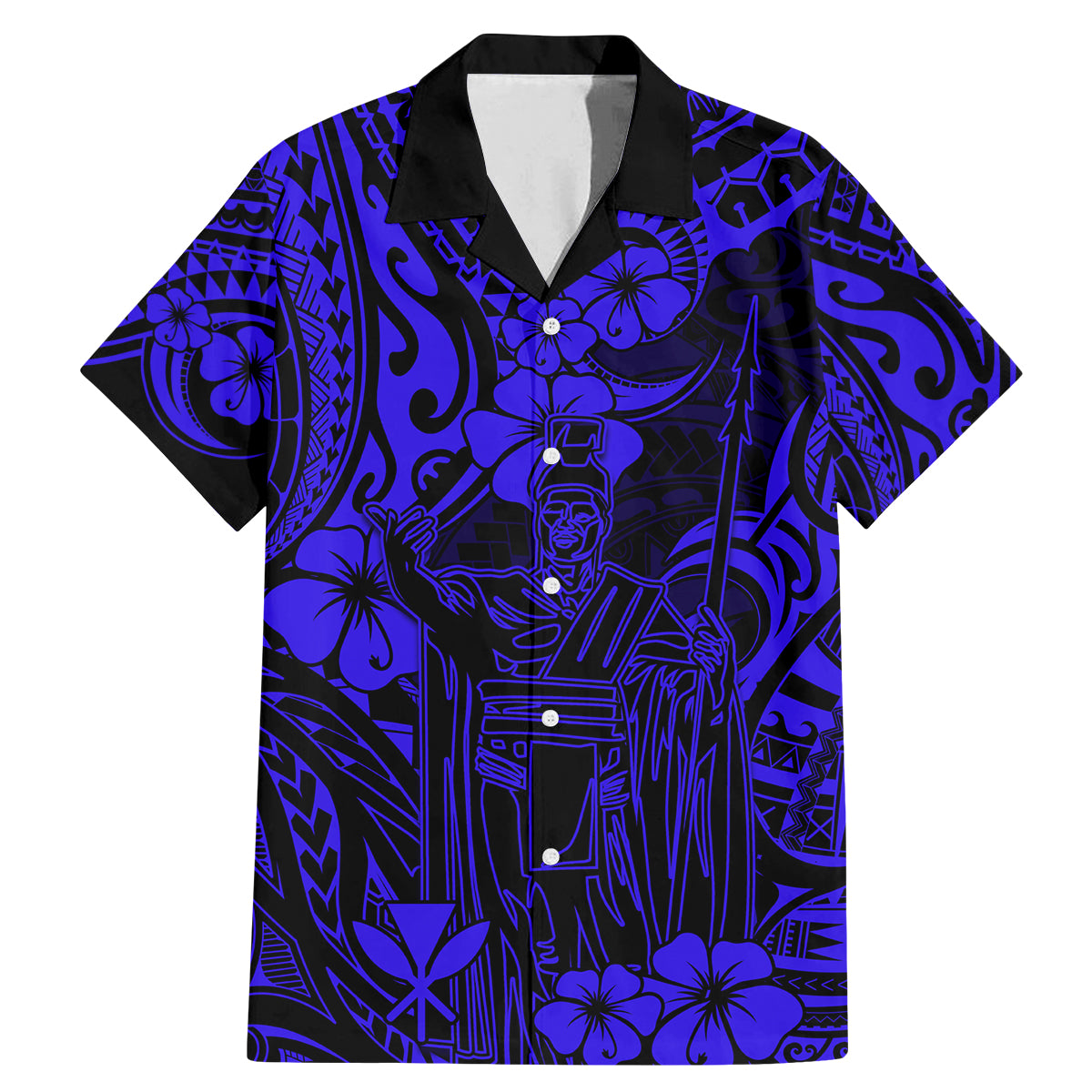 Hawaii King Kamehameha Family Matching Mermaid Dress and Hawaiian Shirt Polynesian Pattern Navy Blue Version LT01 Dad's Shirt - Short Sleeve Blue - Polynesian Pride