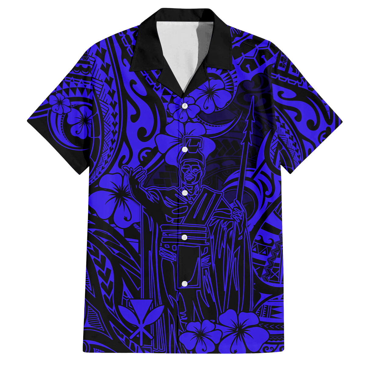 Hawaii King Kamehameha Family Matching Off Shoulder Long Sleeve Dress and Hawaiian Shirt Polynesian Pattern Navy Blue Version LT01 Dad's Shirt - Short Sleeve Blue - Polynesian Pride