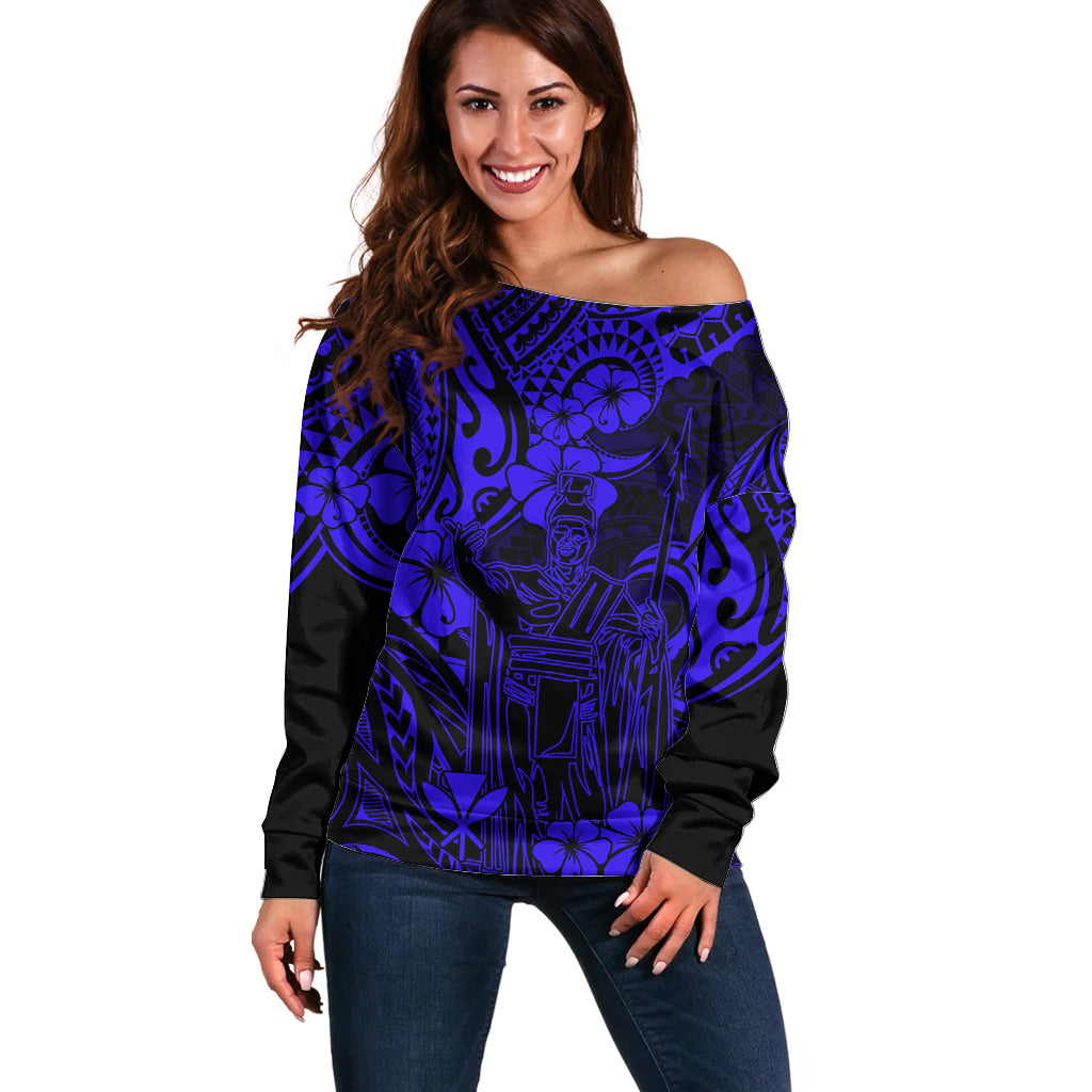 Hawaii King Kamehameha Off Shoulder Sweater Polynesian Pattern Navy Blue Version LT01 Women Blue - Polynesian Pride