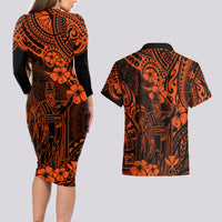 Hawaii King Kamehameha Couples Matching Long Sleeve Bodycon Dress and Hawaiian Shirt Polynesian Pattern Orange Version LT01 - Polynesian Pride