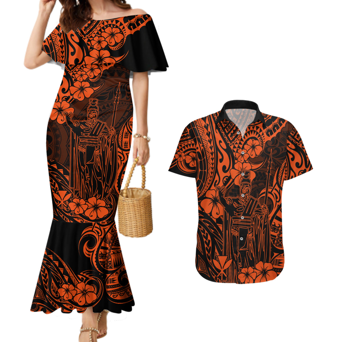 Hawaii King Kamehameha Couples Matching Mermaid Dress and Hawaiian Shirt Polynesian Pattern Orange Version LT01 Orange - Polynesian Pride