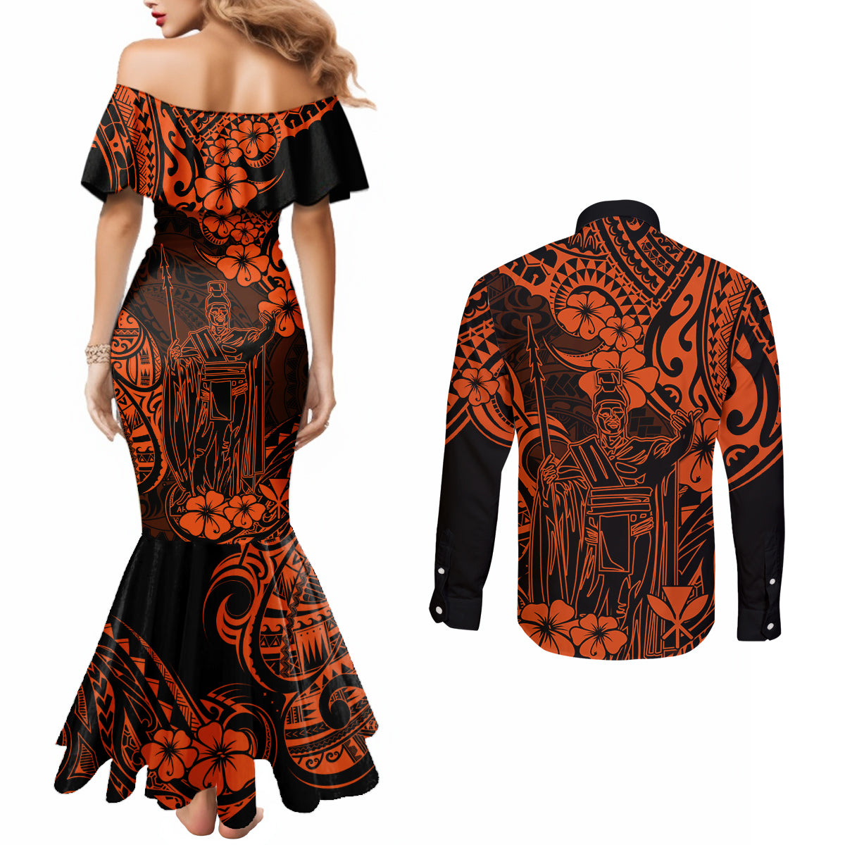 Hawaii King Kamehameha Couples Matching Mermaid Dress and Long Sleeve Button Shirts Polynesian Pattern Orange Version LT01 - Polynesian Pride