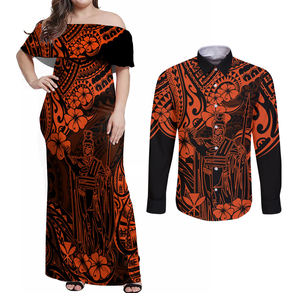 Hawaii King Kamehameha Couples Matching Off Shoulder Maxi Dress and Long Sleeve Button Shirts Polynesian Pattern Orange Version LT01 Orange - Polynesian Pride