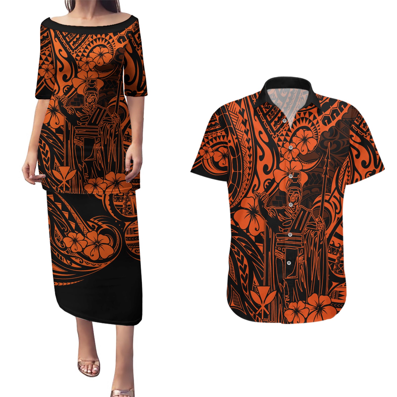 Hawaii King Kamehameha Couples Matching Puletasi Dress and Hawaiian Shirt Polynesian Pattern Orange Version LT01 Orange - Polynesian Pride