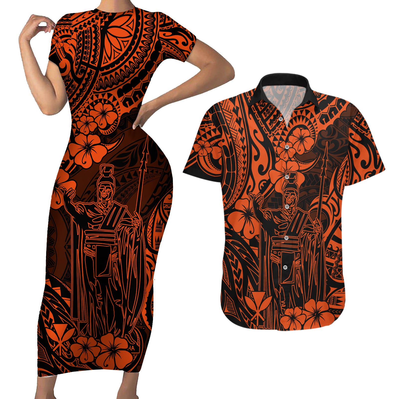 Hawaii King Kamehameha Couples Matching Short Sleeve Bodycon Dress and Hawaiian Shirt Polynesian Pattern Orange Version LT01 Orange - Polynesian Pride