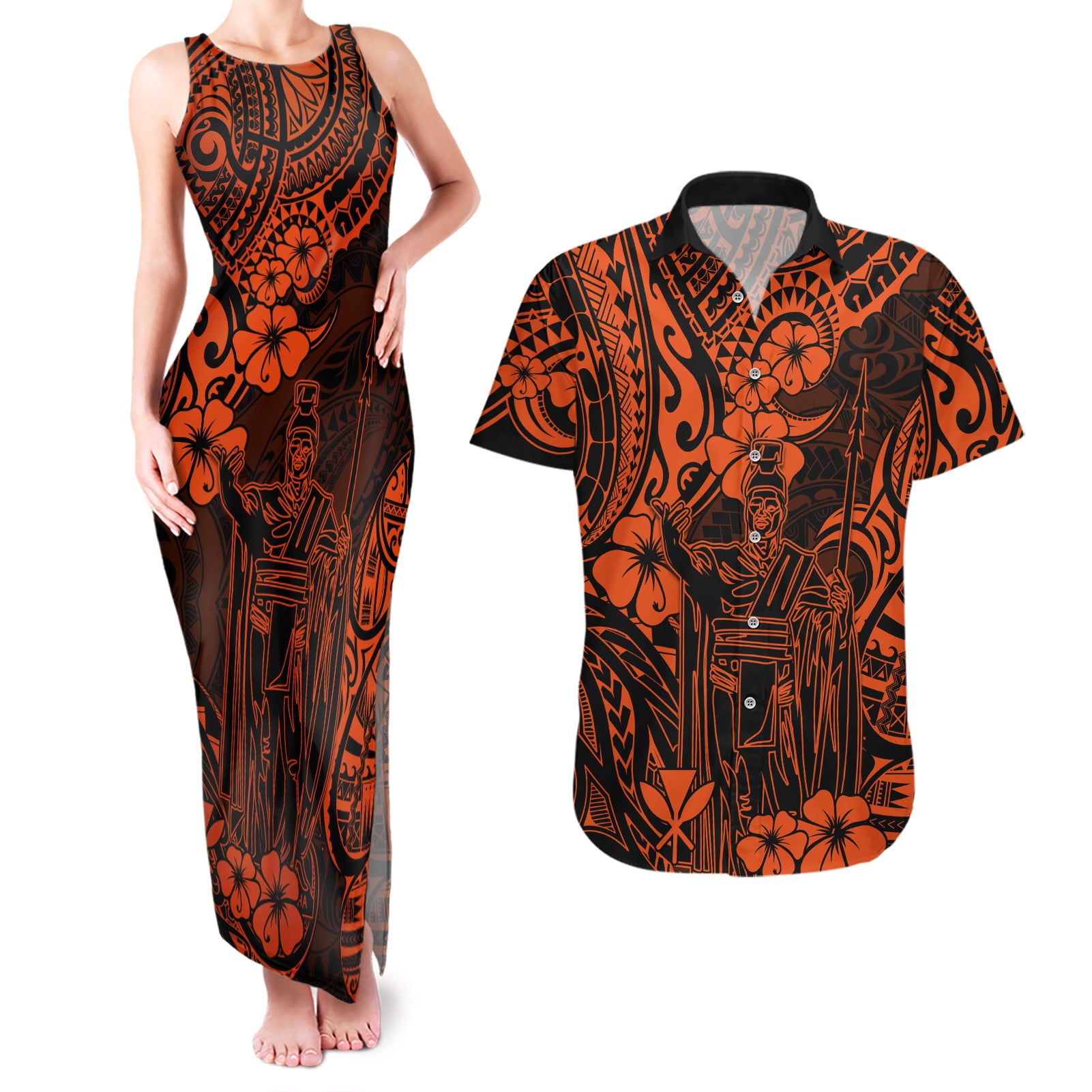 Hawaii King Kamehameha Couples Matching Tank Maxi Dress and Hawaiian Shirt Polynesian Pattern Orange Version LT01 Orange - Polynesian Pride