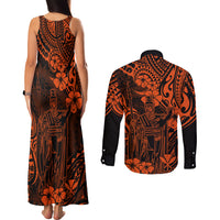 Hawaii King Kamehameha Couples Matching Tank Maxi Dress and Long Sleeve Button Shirts Polynesian Pattern Orange Version LT01 - Polynesian Pride