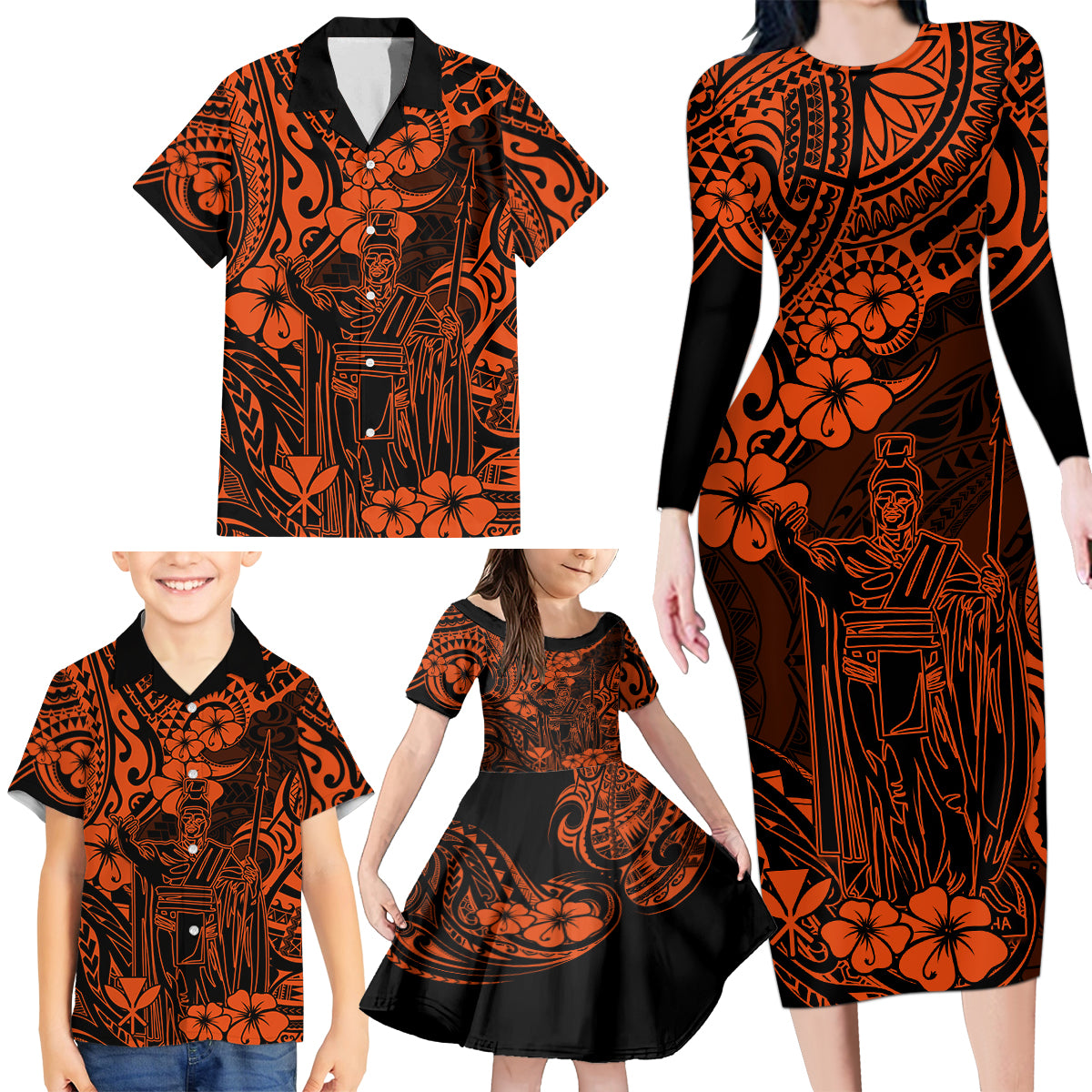 Hawaii King Kamehameha Family Matching Long Sleeve Bodycon Dress and Hawaiian Shirt Polynesian Pattern Orange Version LT01 - Polynesian Pride