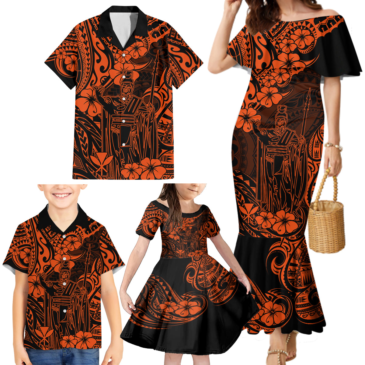 Hawaii King Kamehameha Family Matching Mermaid Dress and Hawaiian Shirt Polynesian Pattern Orange Version LT01 - Polynesian Pride