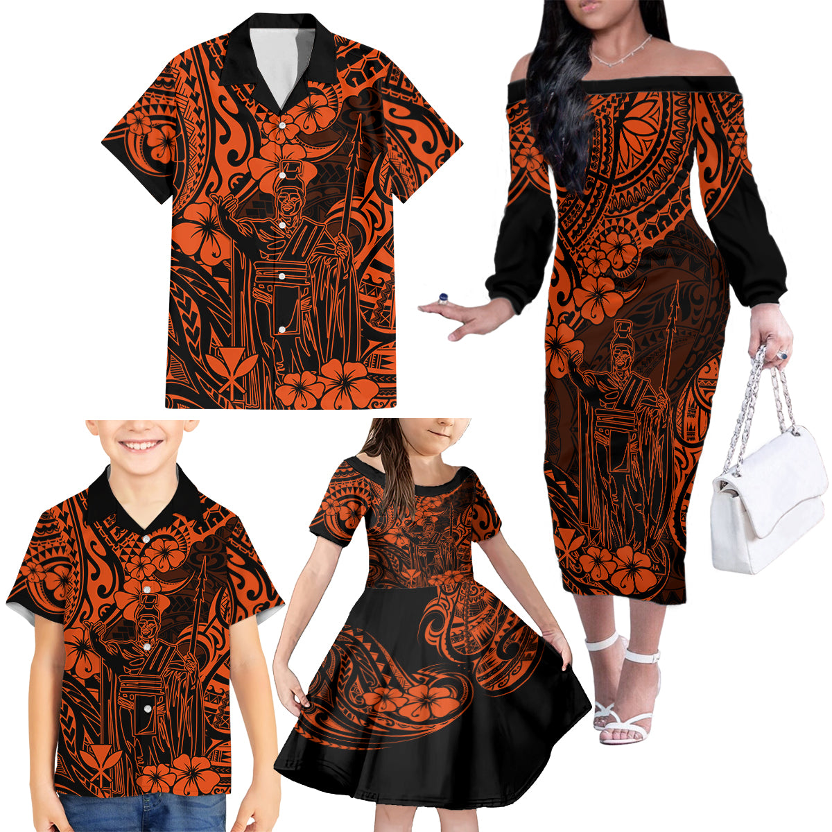 Hawaii King Kamehameha Family Matching Off Shoulder Long Sleeve Dress and Hawaiian Shirt Polynesian Pattern Orange Version LT01 - Polynesian Pride