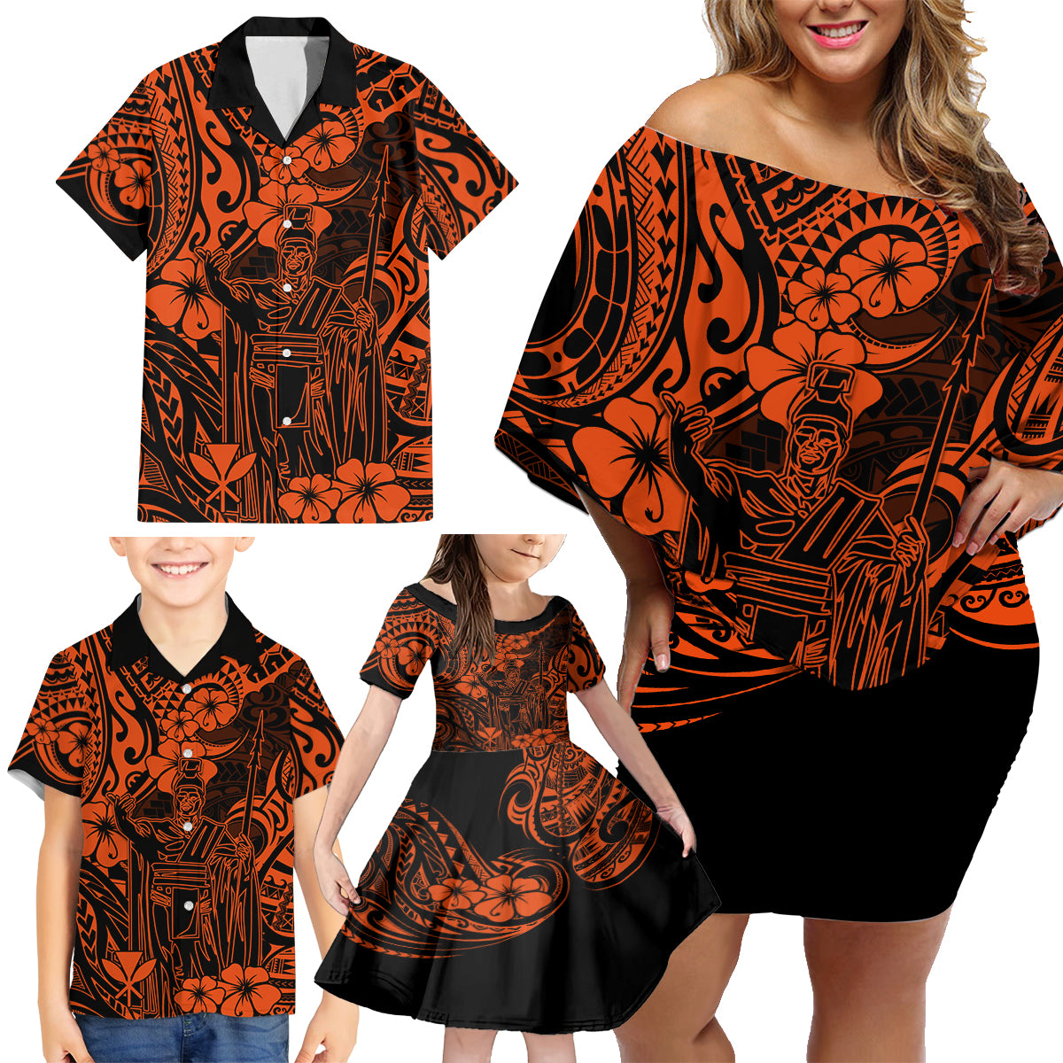 Hawaii King Kamehameha Family Matching Off Shoulder Short Dress and Hawaiian Shirt Polynesian Pattern Orange Version LT01 - Polynesian Pride