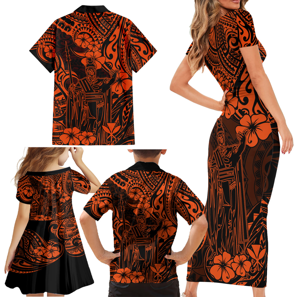 Hawaii King Kamehameha Family Matching Short Sleeve Bodycon Dress and Hawaiian Shirt Polynesian Pattern Orange Version LT01 - Polynesian Pride