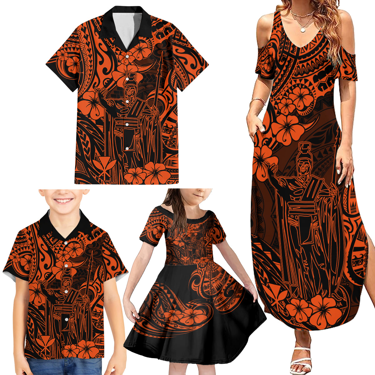 Hawaii King Kamehameha Family Matching Summer Maxi Dress and Hawaiian Shirt Polynesian Pattern Orange Version LT01 - Polynesian Pride