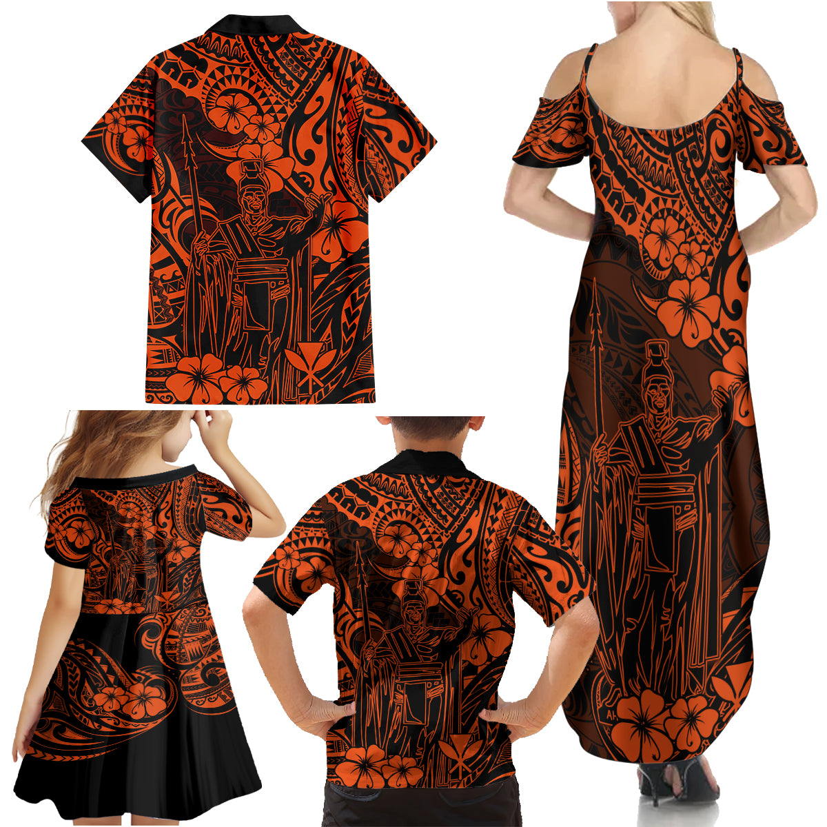 Hawaii King Kamehameha Family Matching Summer Maxi Dress and Hawaiian Shirt Polynesian Pattern Orange Version LT01 - Polynesian Pride
