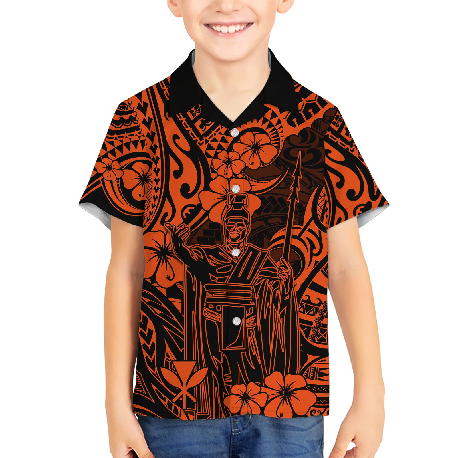 Hawaii King Kamehameha Kid Hawaiian Shirt Polynesian Pattern Orange Version LT01 Kid Orange - Polynesian Pride