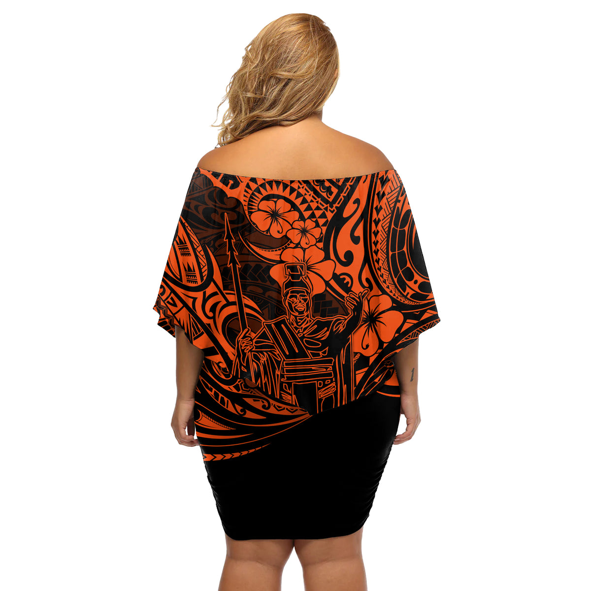 Hawaii King Kamehameha Off Shoulder Short Dress Polynesian Pattern Orange Version LT01 - Polynesian Pride